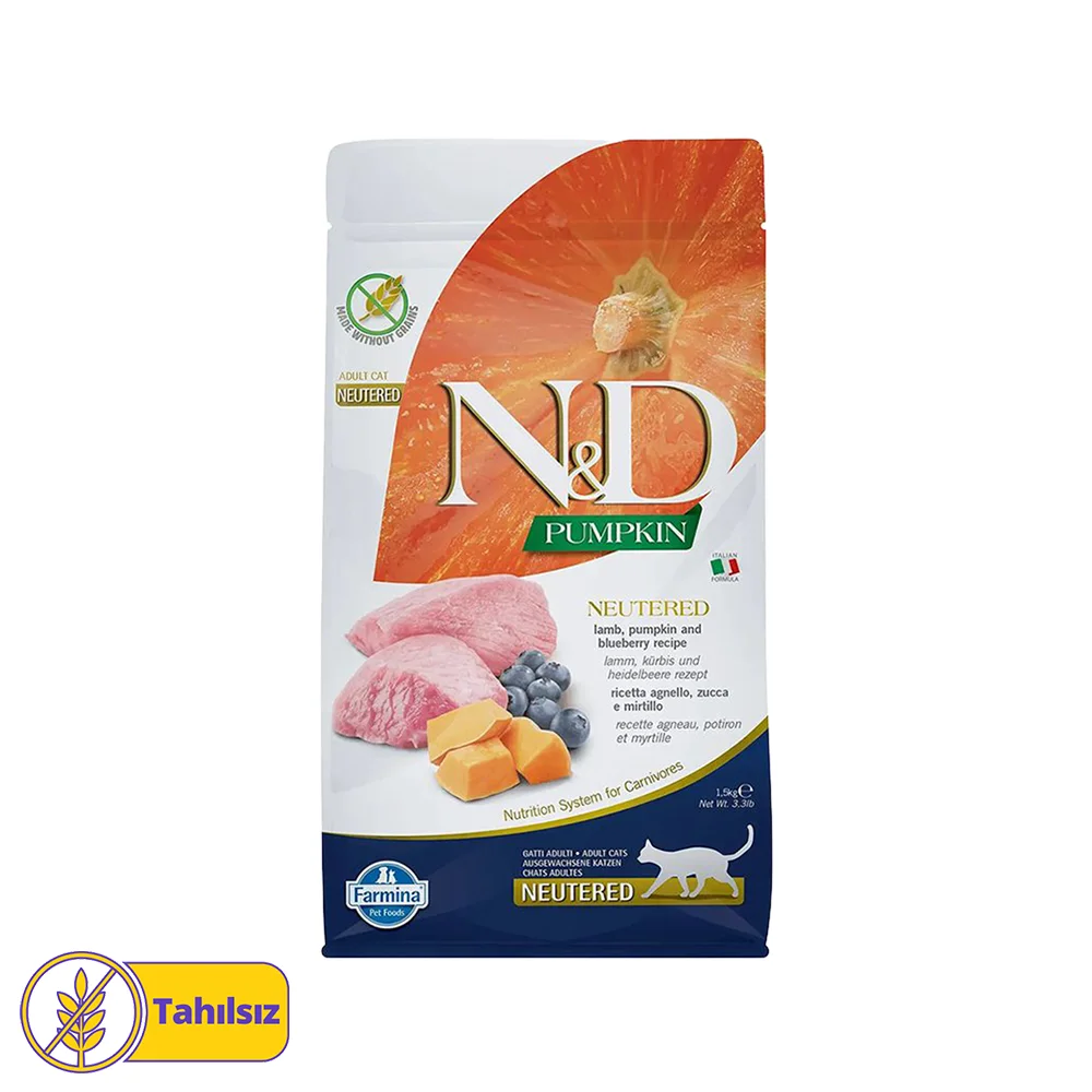 N&D Pumpkin Tahılsız Bal Kabaklı, Kuzu Etli & Yaban Mersinli Kısırlaştırılmış Kedi Maması (1,5 kg)