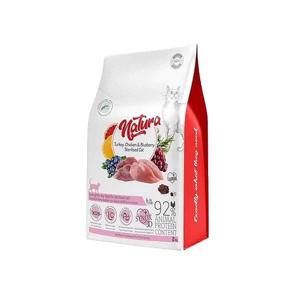 Natura Pet Düşük Tahıllı Tavuk Etli, Hindi Etli & Böğürtlenli Kısırlaştırılmış Kedi Maması (2 kg)