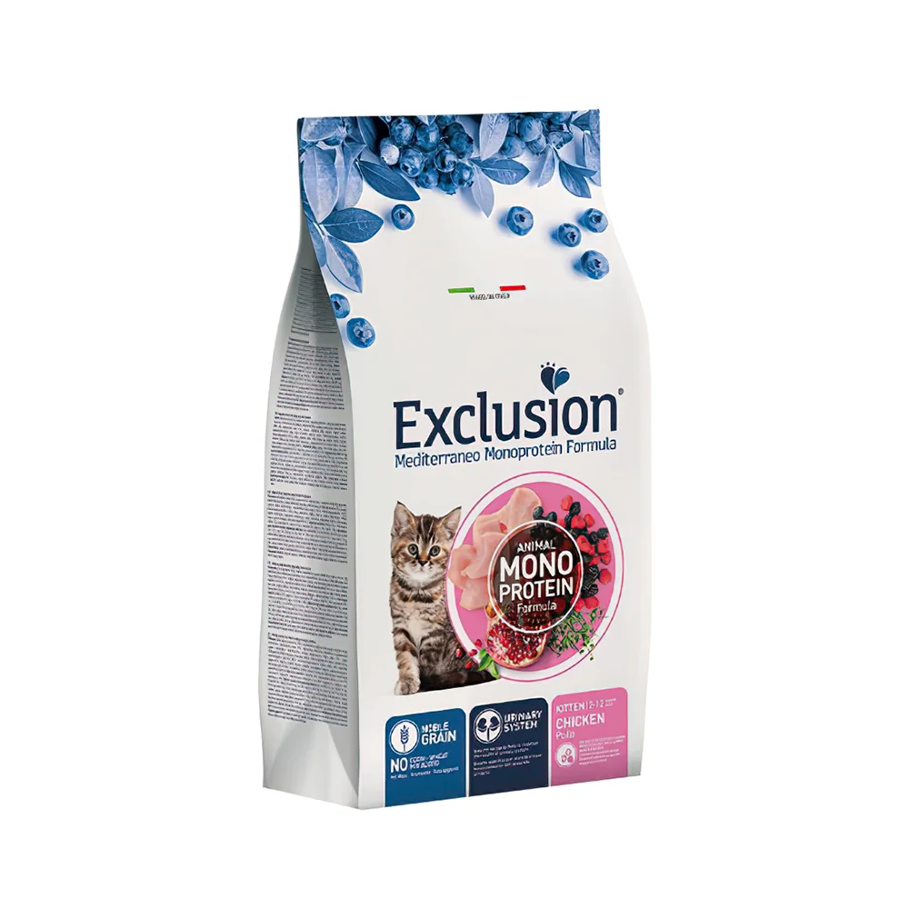 Exclusion Monoprotein Düşük Tahıllı Tavuk Etli, Narlı & Yaban Mersinli Yavru Kedi Maması (1,5 kg)