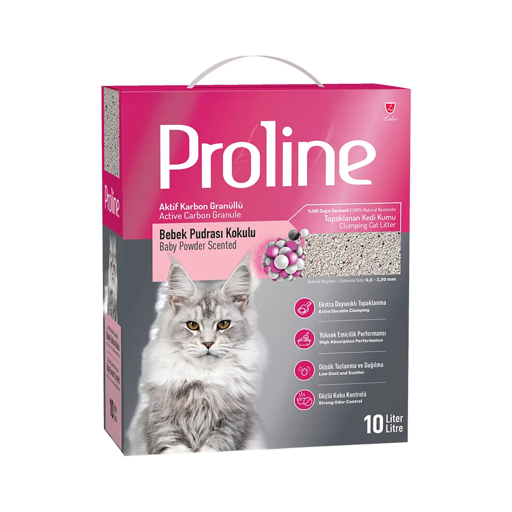 Proline Aktif Karbon Granüllü ve Bebek Pudrası Kokulu Bentonit Kedi Kumu (10 L)