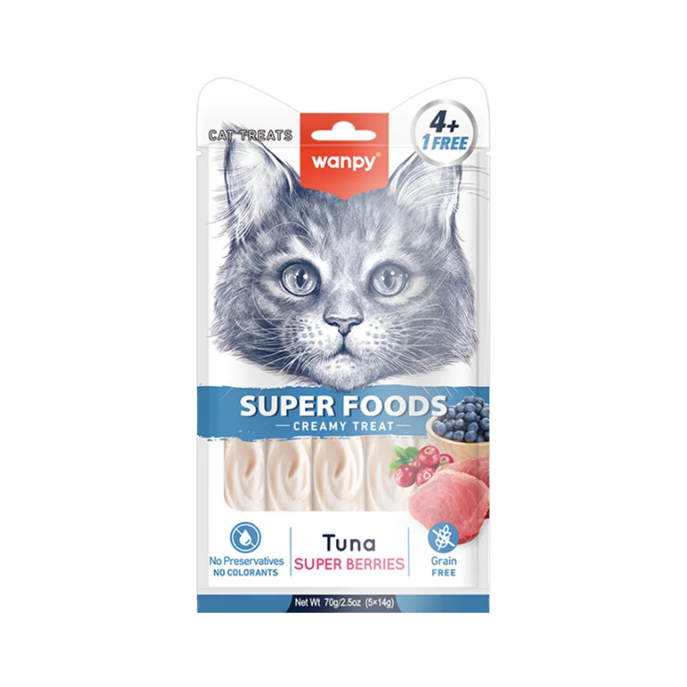 Wanpy Superfood Ton Balıklı, Yaban Mersinli & Kızılcıklı Kedi Krema Ödülü (5 x 14 g)