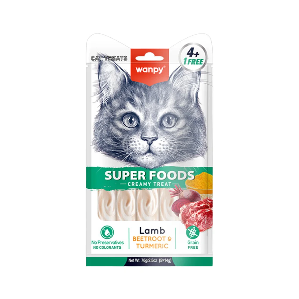 Wanpy Superfoods Kuzu Etli, Pancarlı ve Zerdeçallı Kedi Ödül Kreması (5 x 14 g)