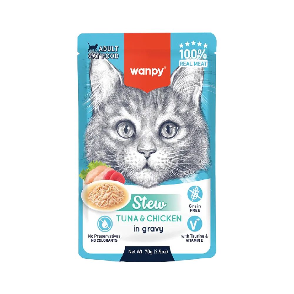 Wanpy Stew Gravy Sos İçerisinde Ton Balıklı ve Tavuk Etli Kedi Yaş Maması (70 g)