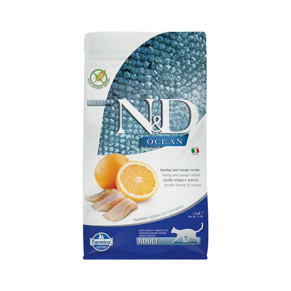 N&D Ocean Ringa Balığı ve Portakallı Yetişkin Kedi Maması (1,5 kg)