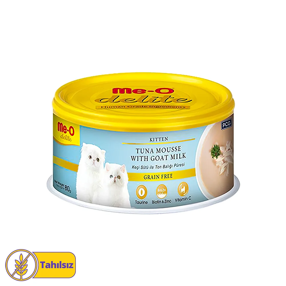 Me-O Delite Tahılsız Keçi Sütlü ve Ton Balıklı Yavru Kedi Konserve Maması (80 g)