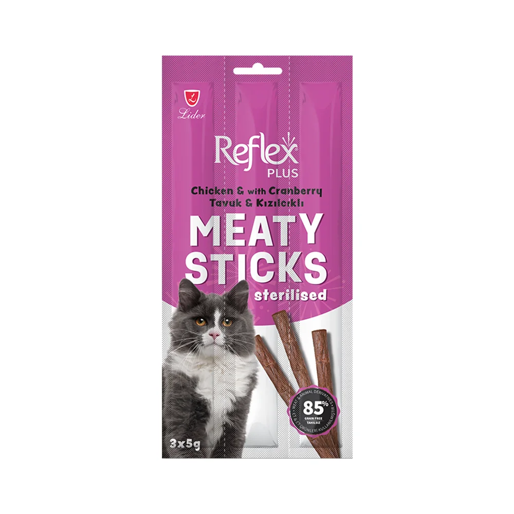 Reflex Plus Meaty Sticks Tavuk Etli ve Kızılcıklı Kısırlaştırılmış Yetişkin Kedi Çubuk Ödül Maması (3 x 5 g)