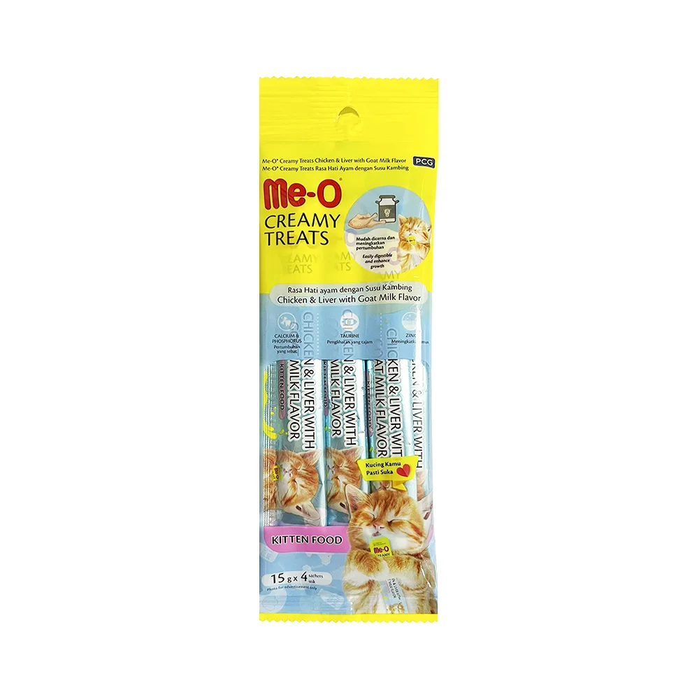 Me-O Creamy Treats Tavuk Ciğeri Etli ve Keçi Sütlü Yavru Kedi Ödül Maması (4 x 15 g)