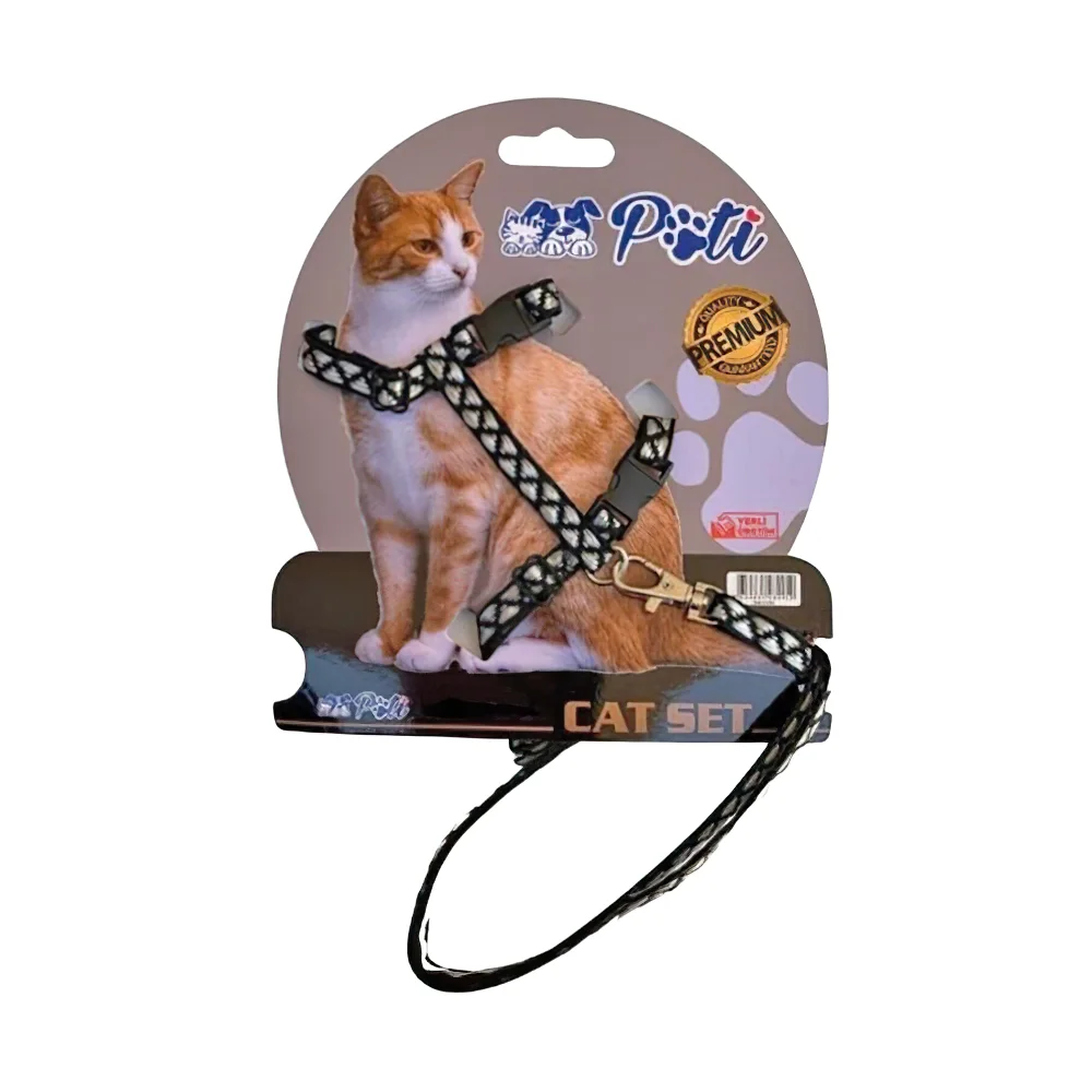 Pati Yavru Kedi ve Köpek Gezdirme Takım Tasması Ayarlanabilir Siyah ve Gri